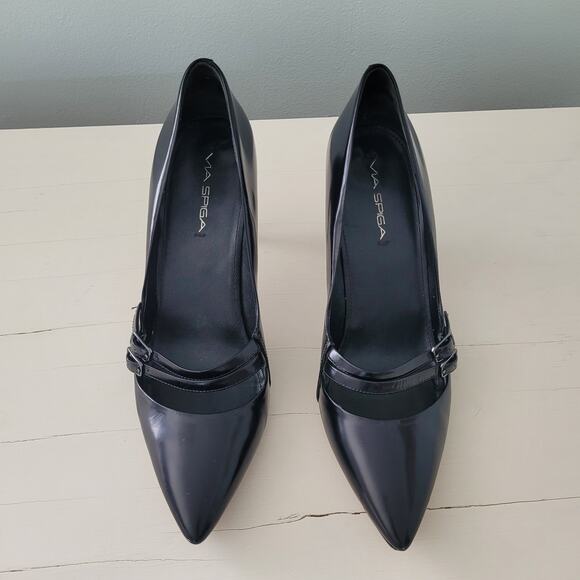 Via Spiga Black Patent Leather Stiletto Heels Double Buckle Pumps 9.5 - Picture 6 of 14